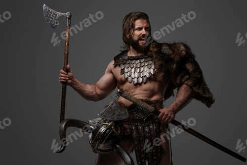Preview: A fierce bearded Viking warrior in fur and light armor