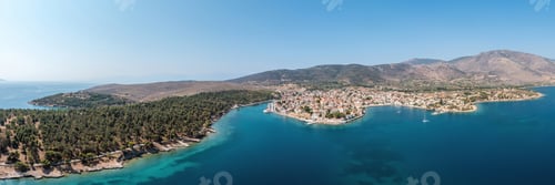 Preview: Galaxidi Greece, aerial drone view. Traditional town in Fokida, sunny day.