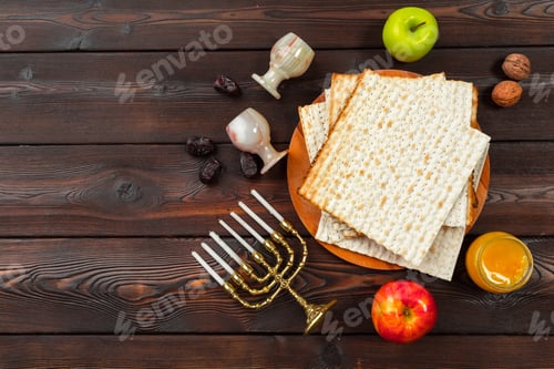 Preview: Jewish holiday Passover banner design with wine, matzo on wooden background.