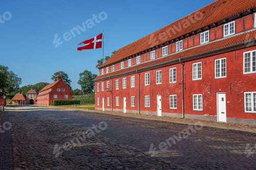 Preview: Kastellet fortress buildings (The Citadel) with the flag of Denmark - Copenhagen, Denmark