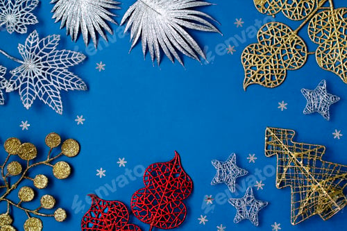 Preview: Christmas frame background in color classic blue with metallic ornaments
