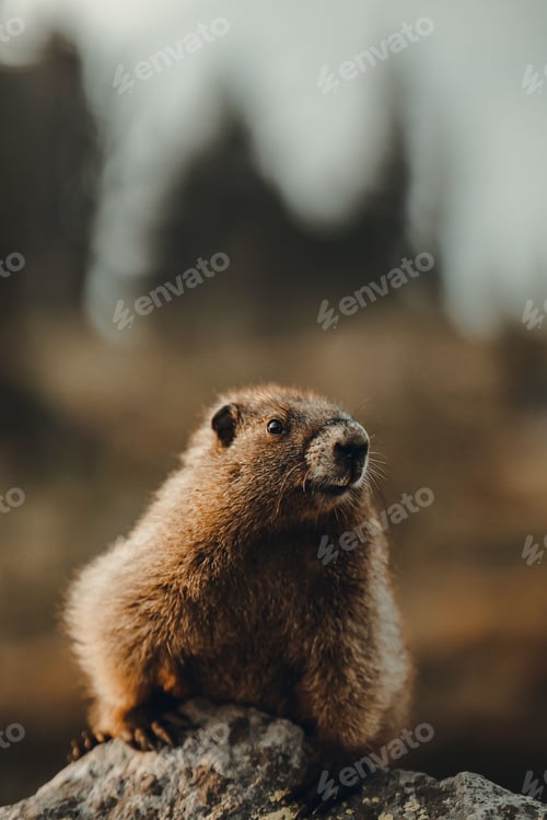 Preview: Vertical shot of a groundhog standing on a rock with blurred background of trees