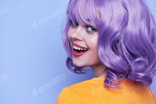 Preview: Fashionable woman purple hair fun blue background