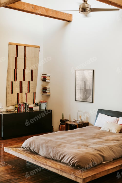 Preview: Industrial bedroom with dark wooden floors