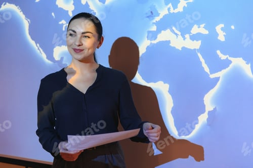 Preview: Globe business concept - happy business woman with world map background.