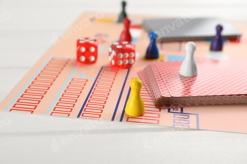 Preview: Board game on white wooden table, closeup
