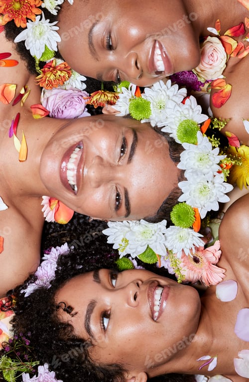 Preview: Black woman, flowers and floral skincare wellness with cosmetics beauty, facial skin treatment and