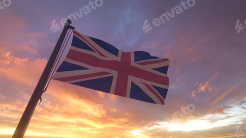 Preview: UK Flag / United Kingdom Flag on Flagpole by Evening Sunset Sky