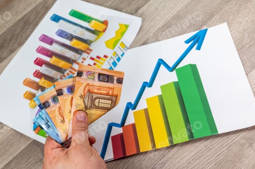 Preview: hand of man counting money from 50 euros and statistics