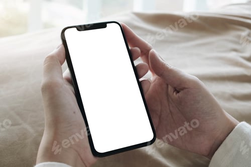 Preview: Top view Woman sitting and holding blank screen mock up mobile phone