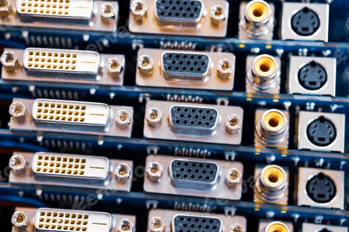 Preview: Close-up blurry metal sockets on a computer video board