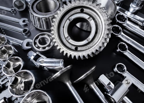 Preview: Assembly of metallic tools and parts laid out on a black surface for mechanical work