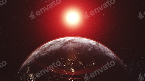 Preview: motion graph orange sun floats over planet Earth horizon