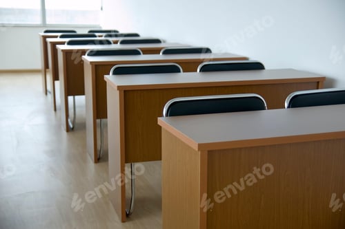 Preview: Empty Classroom with Desks in Rows