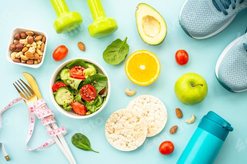 Preview: Diet food, healthy lifestyle and fitness background on blue.