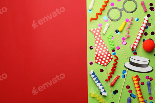 Preview: Flat lay composition with carnival items on color background. Space for text