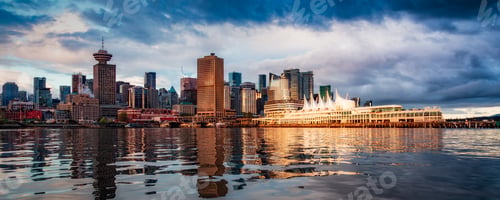 Preview: Downtown Vancouver Skyline Panorama. Colorful Sunrise