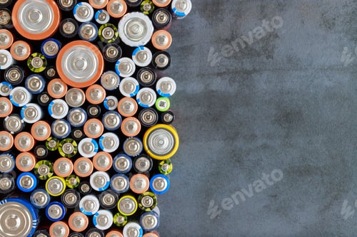 Preview: Flat lay, copy space. Used alkaline battery on black background