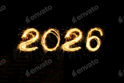 Visualização: Luz de Ano Novo de 2026. Os Sparklers desenham números de 2026. Luzes e letras de Bengala. Feriados. Faíscas de luxo