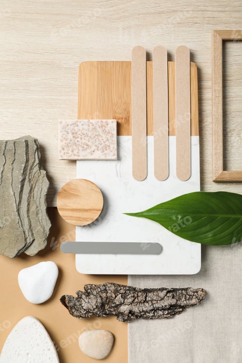 Preview: Flat lay of creative moodboard composition, top view