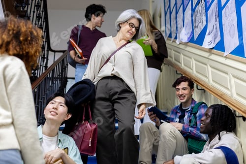 Preview: Teacher walking stairs interacting with diverse students