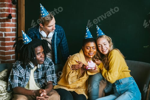 Preview: diversity and international group of young people friends students celebrate a birthday