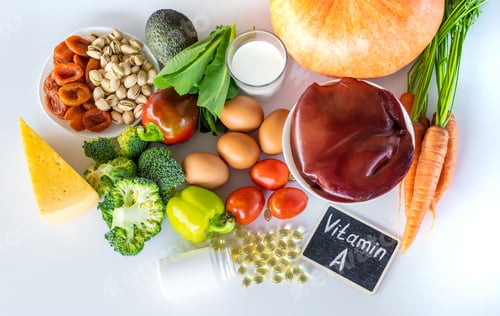 Preview: Products containing vitamin A. Selective focus.