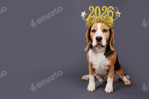 Visualização: Um cachorro beagle em óculos de carnaval com os números do ano novo de 2026.
