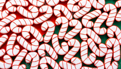 Preview: A lot of gingerbread candy cane shaped cookies, flat lay.
