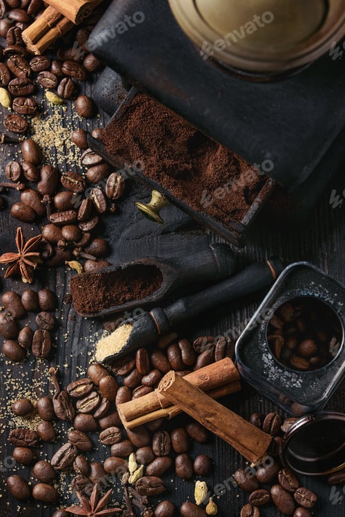 Preview: Black coffee beans with spices