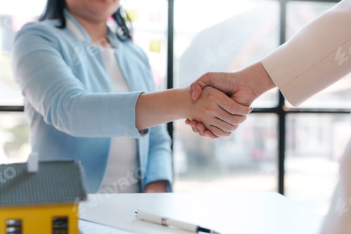 Preview: Real estate agent shakes hands with a client to sign a home purchase contract congratulating