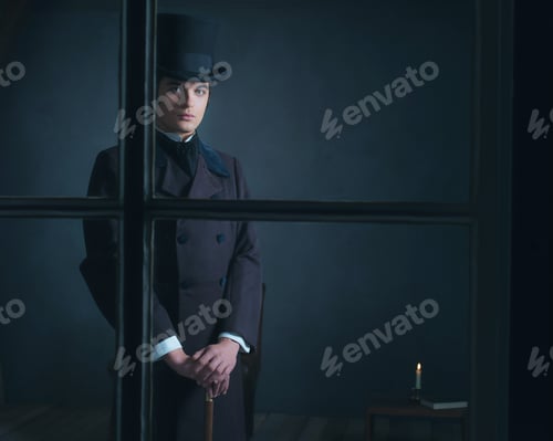 Preview: Dickens Style Man Standing With Cane Behind Window.