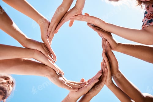 Preview: Hands, circle and community support hand sign of people and friends outdoor with a blue sky. Happy,