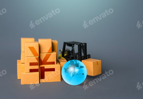 Preview: Forklift and boxes with Yen or Yuan symbol. Trade and transportation of goods.
