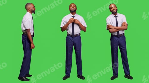 Preview: Entrepreneur posing on camera over full body green screen