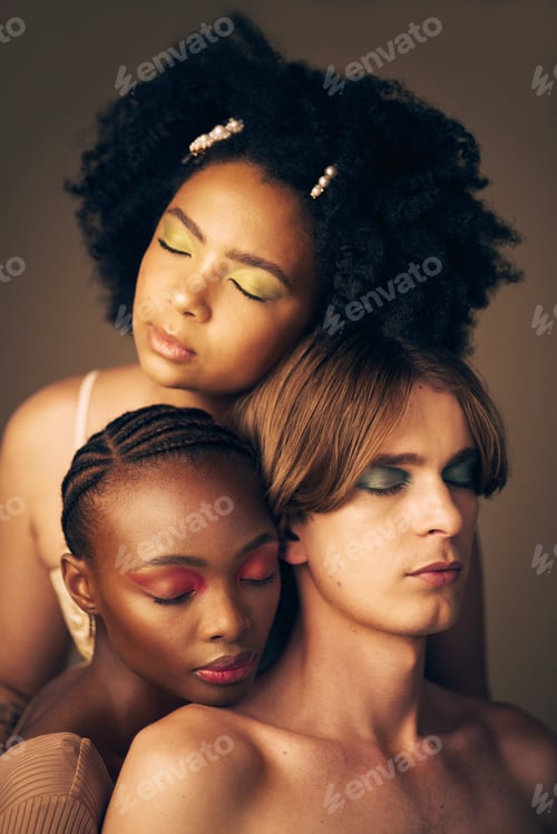 Preview: Diversity, beauty and skin, makeup and people, dermatology and inclusion isolated on studio backgro