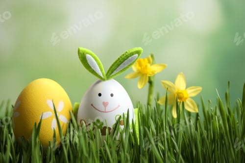 Preview: Colorful Easter eggs and narcissus flowers in green grass against blurred background, closeup