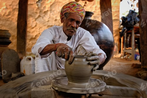 Preview: Indian potter at work. Handwork craft from Shilpagram, Udaipur, Rajasthan, India