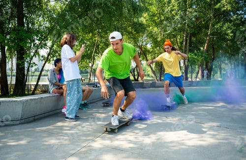 Preview: skaters with colored smoke bombs