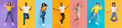Preview: Vibrant Group of People Jumping in Joy Against Colorful Backgrounds