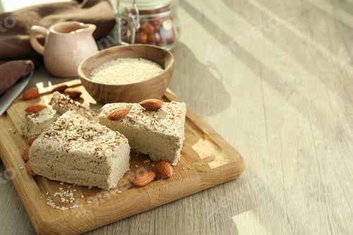 Preview: Concept of tasty food with halva on wooden background