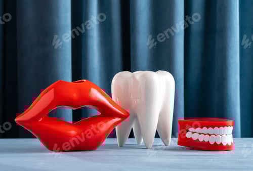 Preview: Creative still life with lips, teeth and jaw on blue velvet background. Dentist day card.