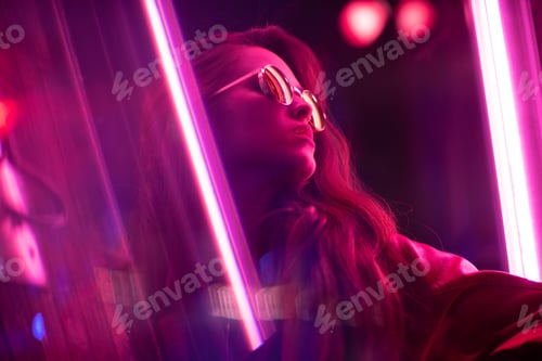 Preview: Portrait of young woman with long black hair and red leather jacket with neon pink lights