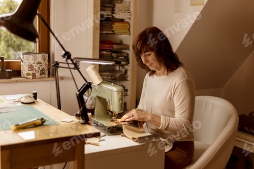 Preview: Woman Sewing Fabric with Vintage Sewing Machine