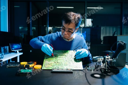 Preview: Professional electronics engineer testing a circuit board in a modern laboratory,