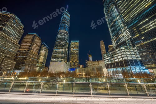 Preview: New York Cityscape with 911 memorial at twilight time, United States of America, USA