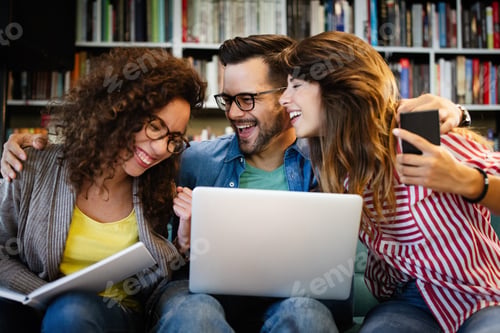 Preview: Group of students study at library. Learning and preparing for university exam