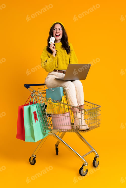Preview: White woman using laptop while sitting in shopping cart