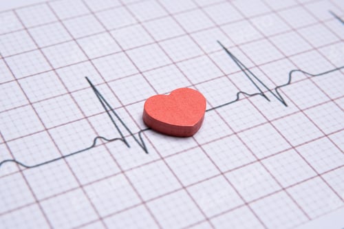 Preview: Closeup image of a red heart on a electrocardiogram (ECG) printout.