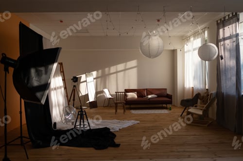 Preview: Photostudio inside, minimalism interior, wooden floor